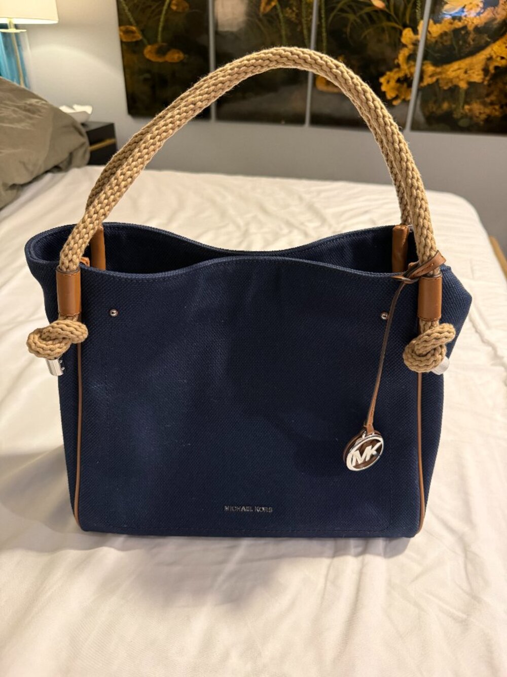 MICHAEL KORS ISLA Canvas Tote NAVY with Rope Handles and MK Charm